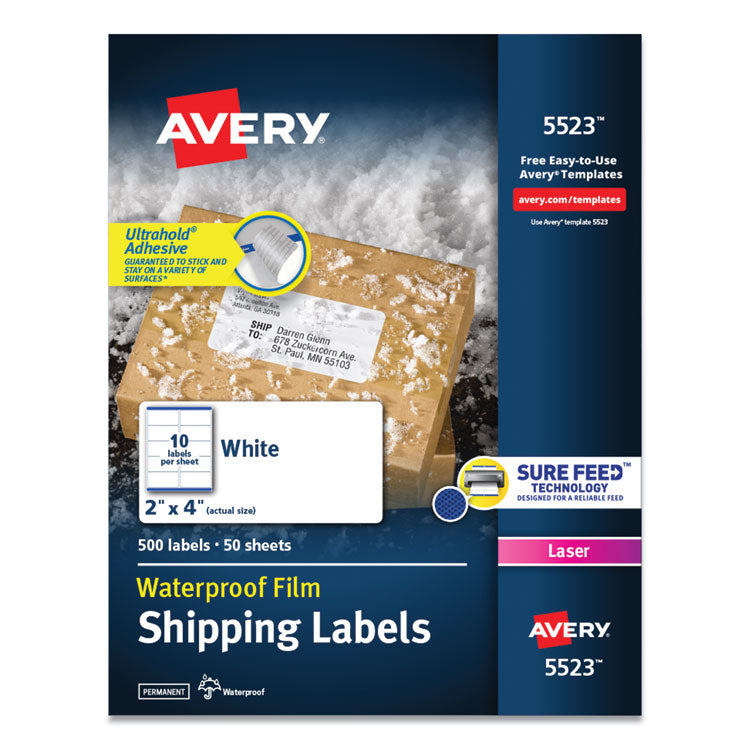 Avery - Waterproof Shipping Labels with TrueBlock and Sure Feed, Laser Printers, 2 x 4, White, 10/Sheet, 50 Sheets/Pack