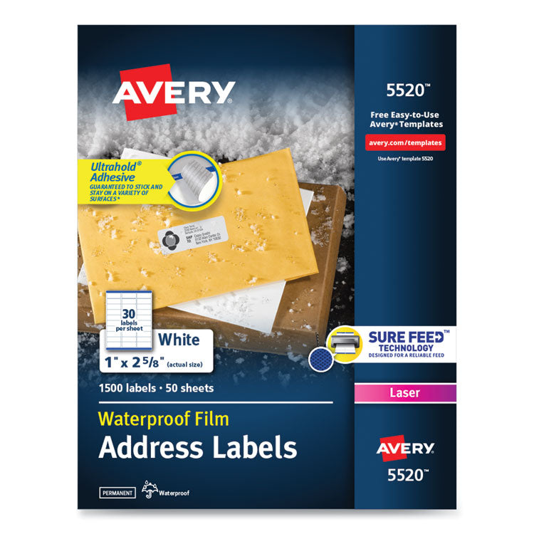 Avery - Waterproof Address Labels with TrueBlock and Sure Feed, Laser Printers, 1 x 2.63, White, 30/Sheet, 50 Sheets/Pack