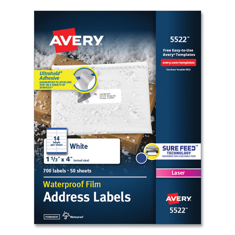 Avery - Waterproof Address Labels with TrueBlock and Sure Feed, Laser Printers, 1.33 x 4, White, 14/Sheet, 50 Sheets/Pack