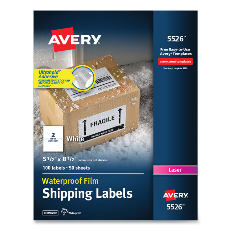 Avery - Waterproof Shipping Labels with TrueBlock Technology, Laser Printers, 5.5 x 8.5, White, 2/Sheet, 50 Sheets/Pack