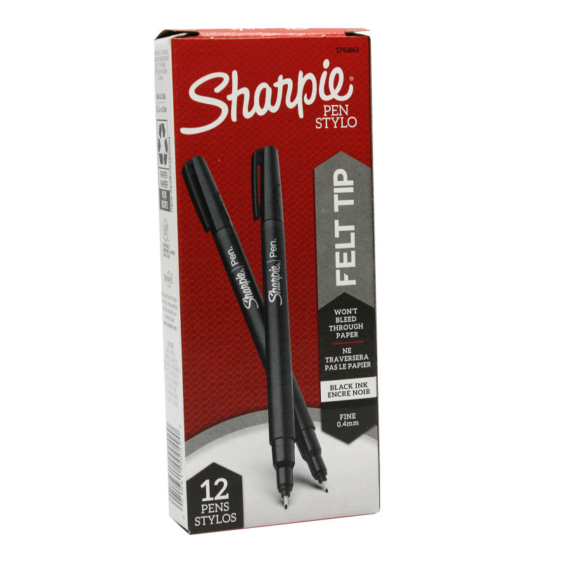 SHARPIE - Felt Tip Pens, Fine Point (0.4mm), Black, Black, Box of 12