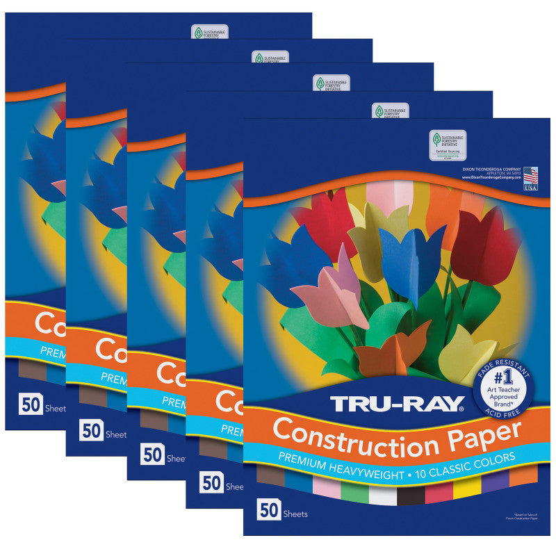 TRU-RAY - Construction Paper, Standard Assorted, 9" x 12", 50 Sheets Per Pack, 5 Packs
