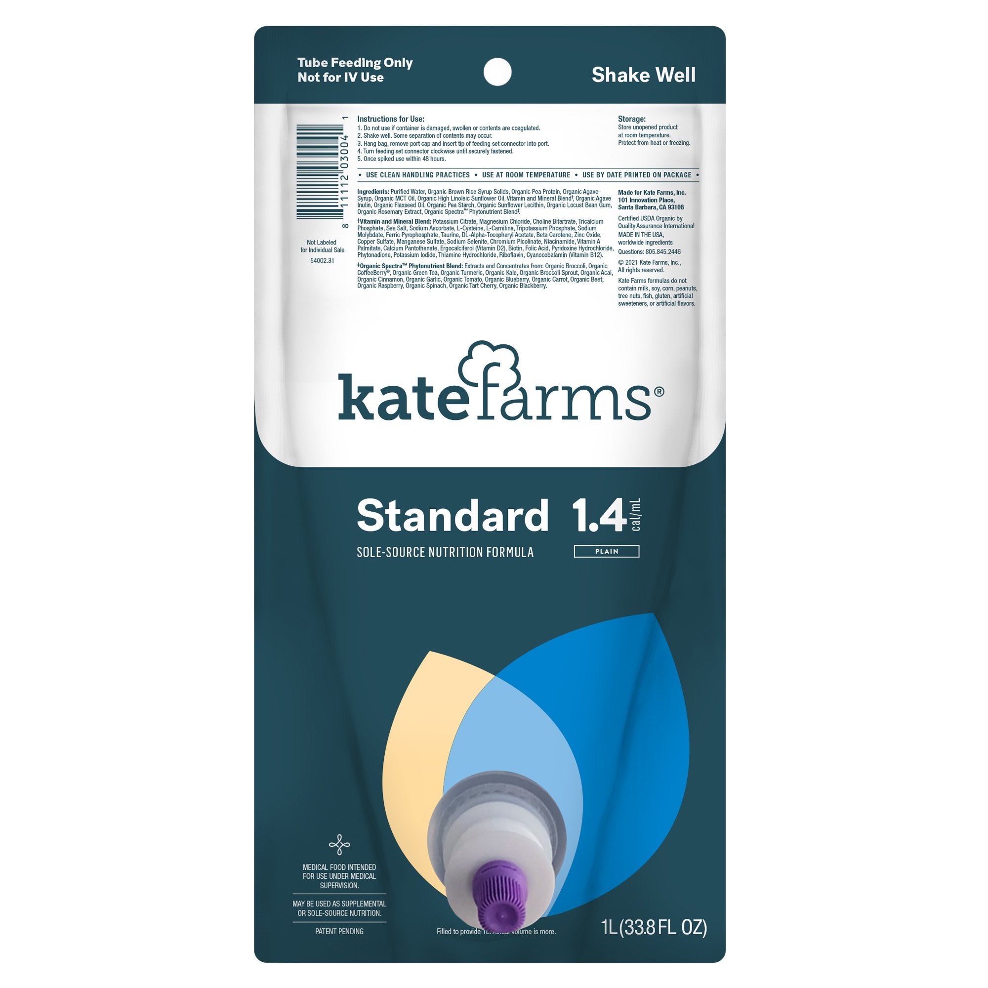 Kate Farms - Tube Feeding Formula Kate Farms Standard 1.4 Closed System Unflavored Liquid 1000 mL Ready to Hang Prefilled Container [1/EA]