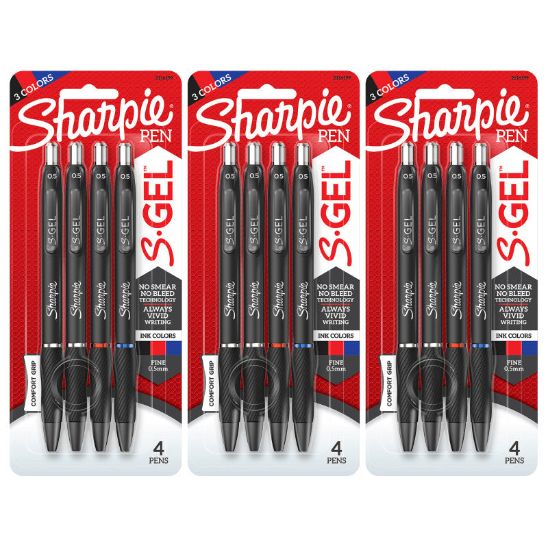 SHARPIE - S-Gel Gel Pens, Fine Point (0.5mm), Assorted Colors, 4 Per Pack, 3 Packs