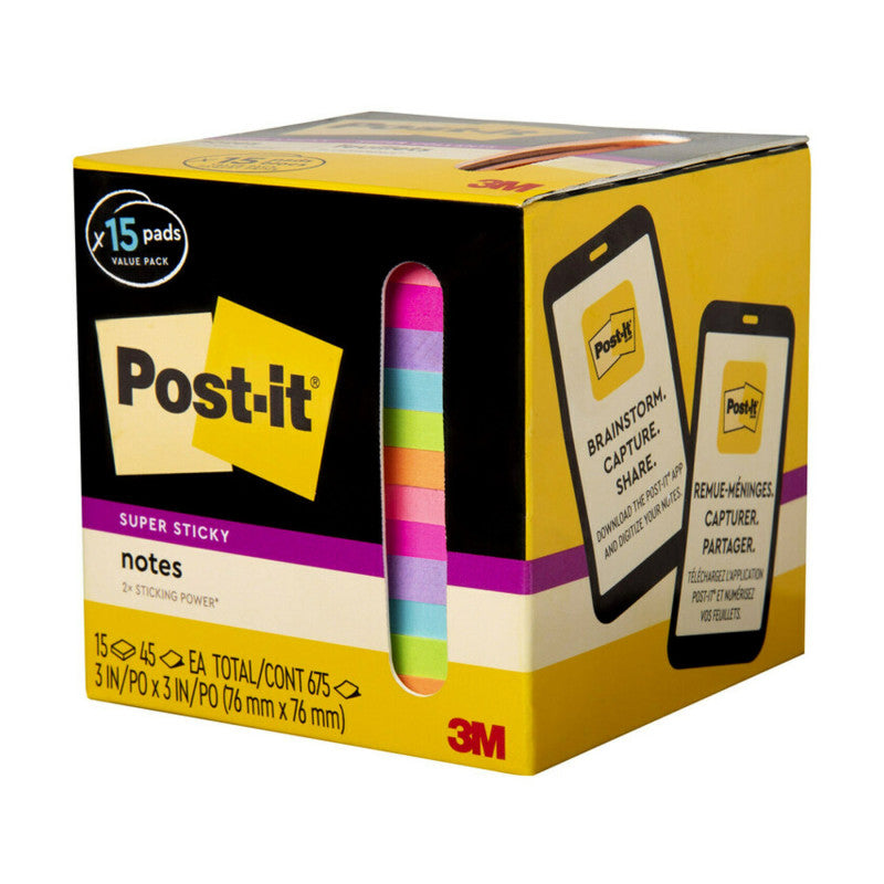POST-IT - Super Sticky Notes, 3 in. x 3 in., Assorted Bright Colors, 45 Sheets/Pad, 15 Pads/Pack