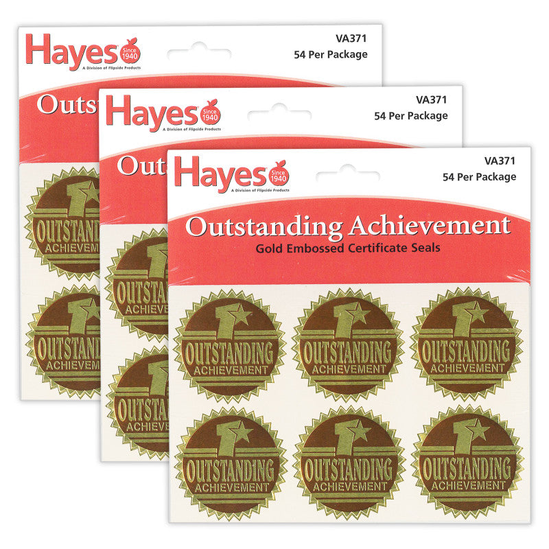 HAYES PUBLISHING - Gold Foil Embossed Seals, Outstanding Achievement, 54 Per Pack, 3 Packs