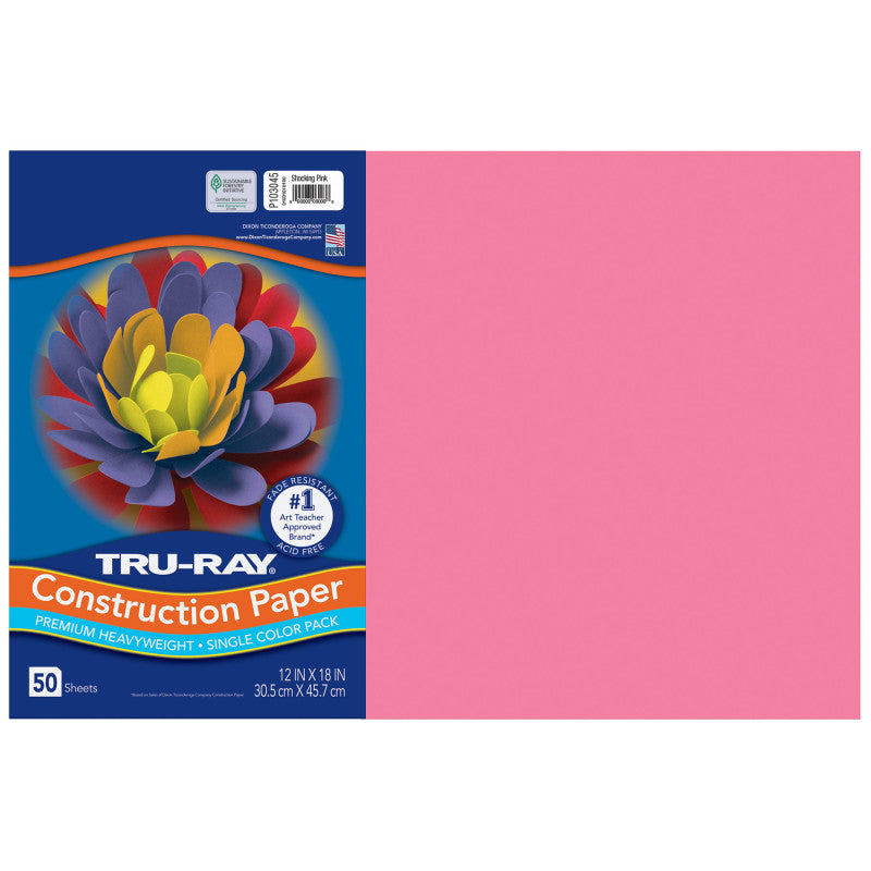 Construction Paper, Heavyweight, Shocking Pink, 12" x 18", 50 Sheets