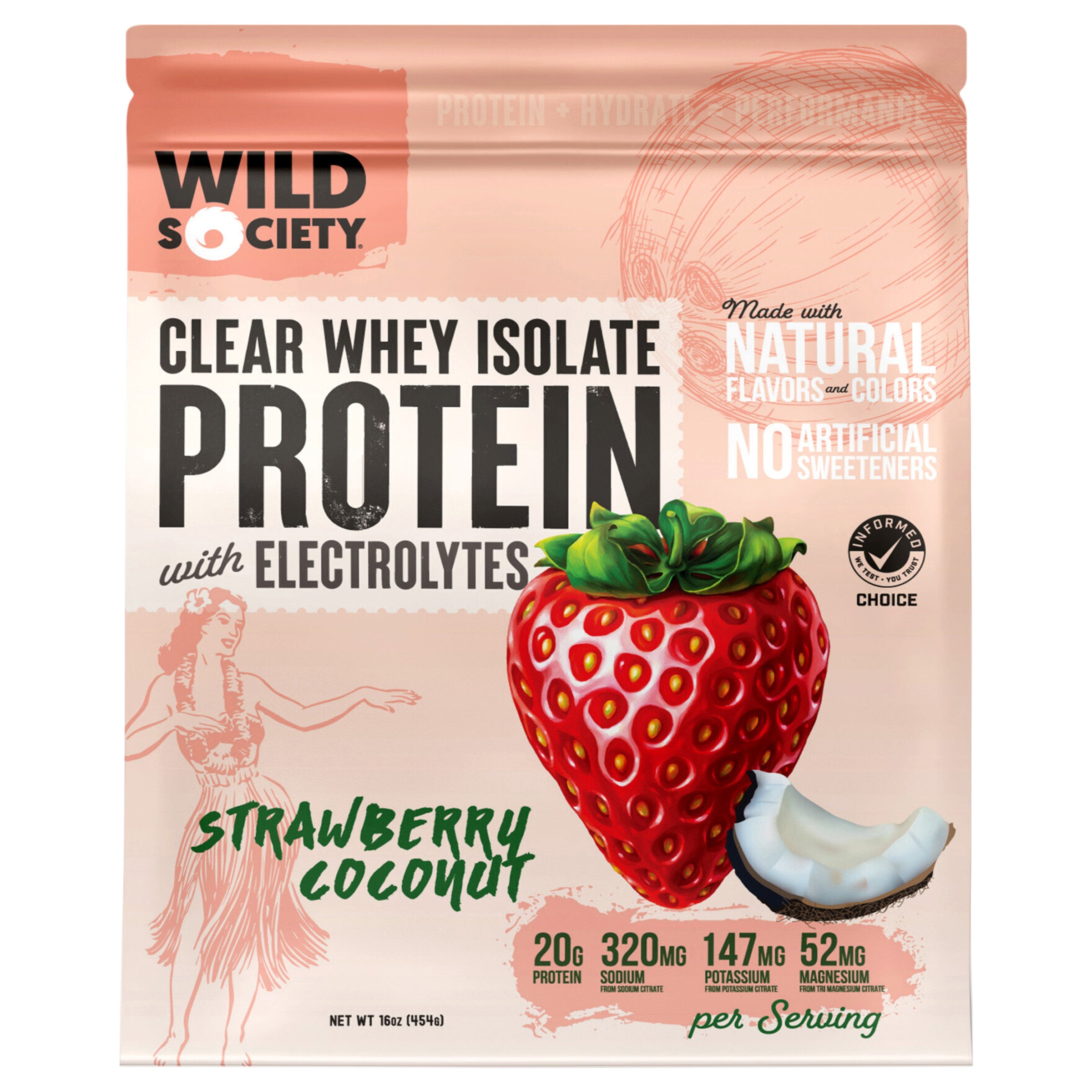Wild Society Clear Whey Isolate Strawberry Coconut Protein with Electrolytes 16 oz - Case of 1