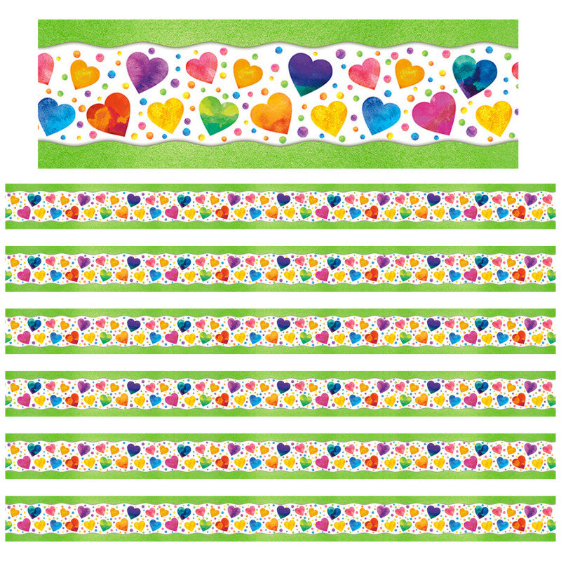 NORTH STAR TEACHER RESOURCES - All Around the Board Trimmer, Watercolor Hearts, 43 Feet Per Pack, 6 Packs