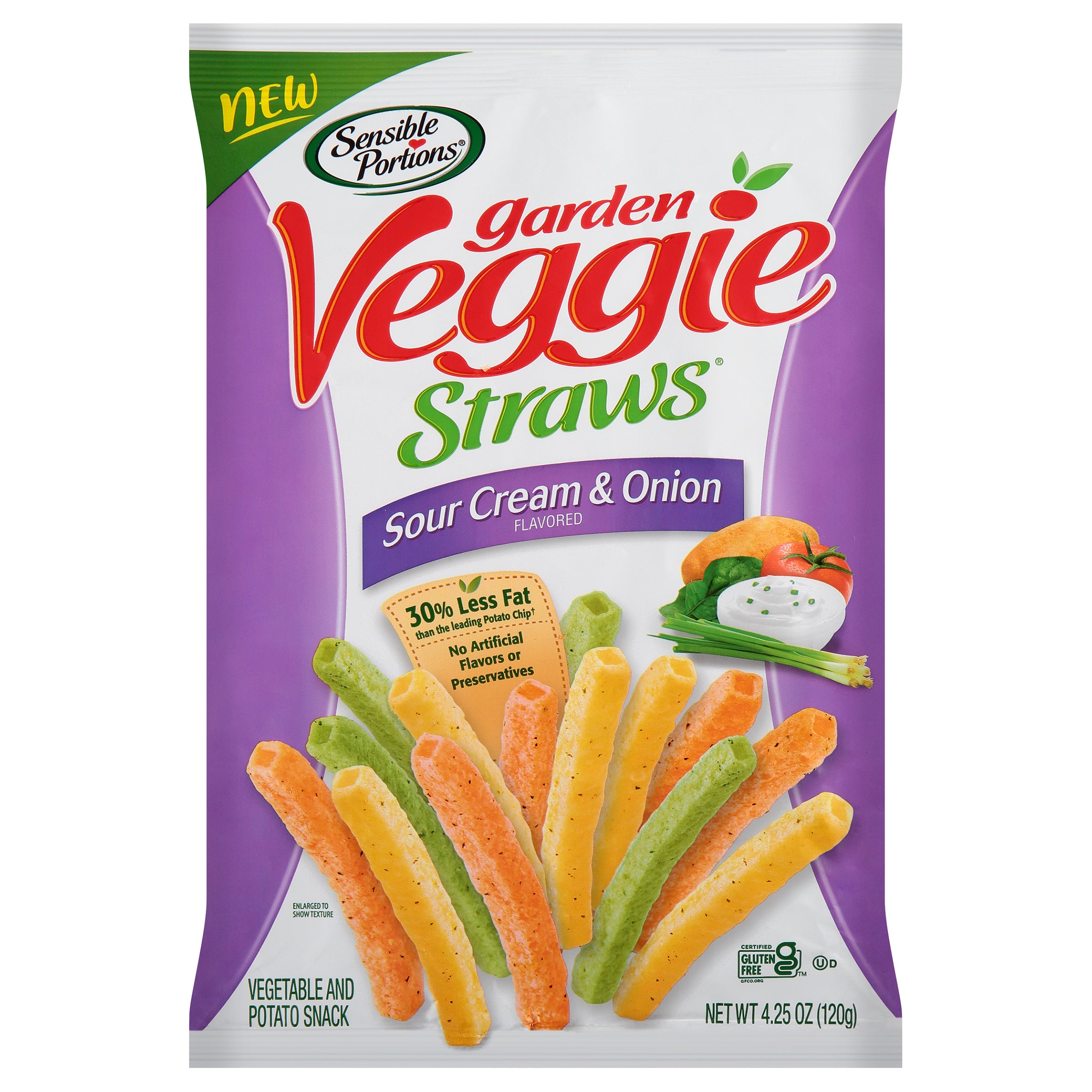 Sensible Portions Garden Veggie Straws Sour Cream & Onion Flavored Vegetable and Potato Snack 4.25 oz. Bag - Case of 12