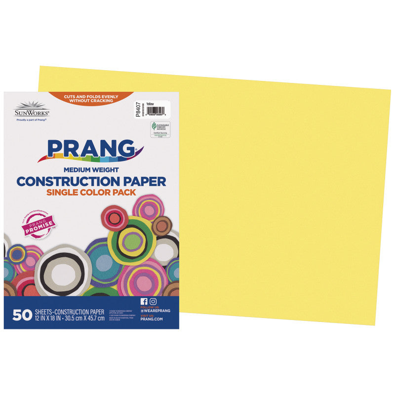 Construction Paper, Medium Weight, Yellow, 12" x 18", 50 Sheets