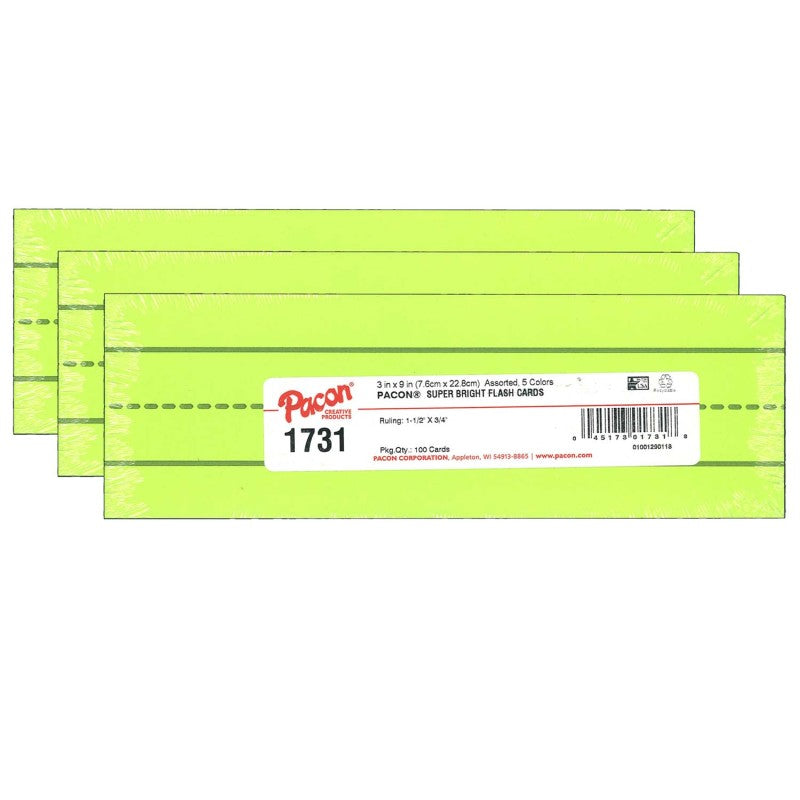 PACON - Super Bright Flash Cards, 5 Assorted Colors, 1.5" x 0.75" Ruled 3" x 9", 100 Cards Per Pack, 3 Packs