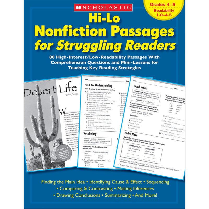 SCHOLASTIC TEACHING SOLUTIONS - Hi-Lo Nonfiction Passages for Struggling Readers, Grades 4-5