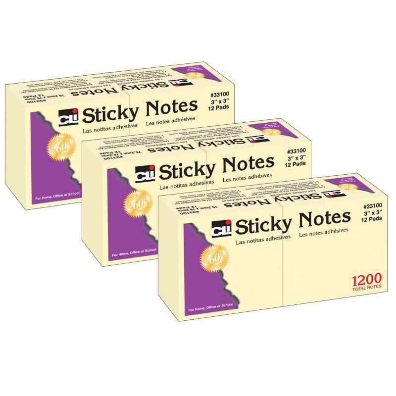 CHARLES LEONARD - Sticky Notes, 3 x 3 Inch, 100 Sheets/Pad, Yellow, 12 Pads Per Pack, 3 Packs