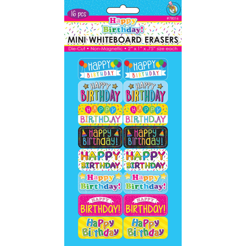 ASHLEY PRODUCTIONS - Non-Magnetic Mini Whiteboard Erasers, Happy Birthday, Pack of 16