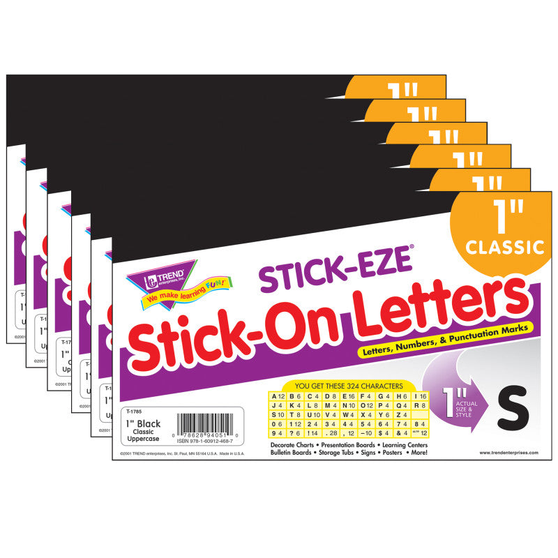 TREND - Black 1" STICK-EZE® Stick-On Letters, 324 Pieces Per Pack, 6 Packs