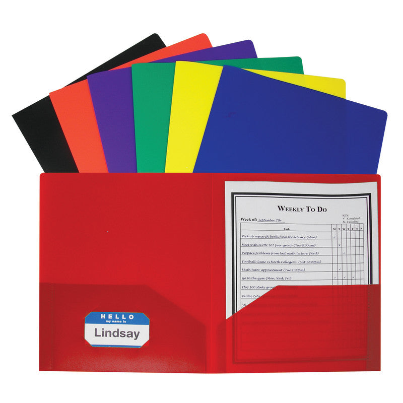 C-LINE - Two-Pocket Heavyweight Poly Portfolio Folder, Assorted Primary Colors, Pack of 36