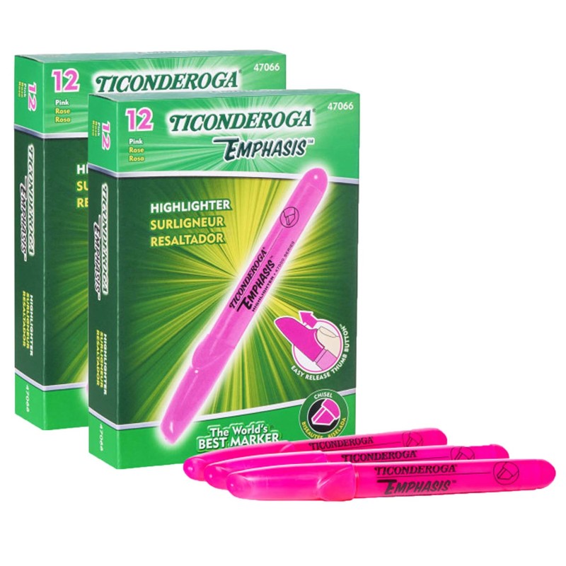 TICONDEROGA - Emphasis™ Highlighters, Desk Style, Chisel Tip, Pink, 12 Per Pack, 2 Packs