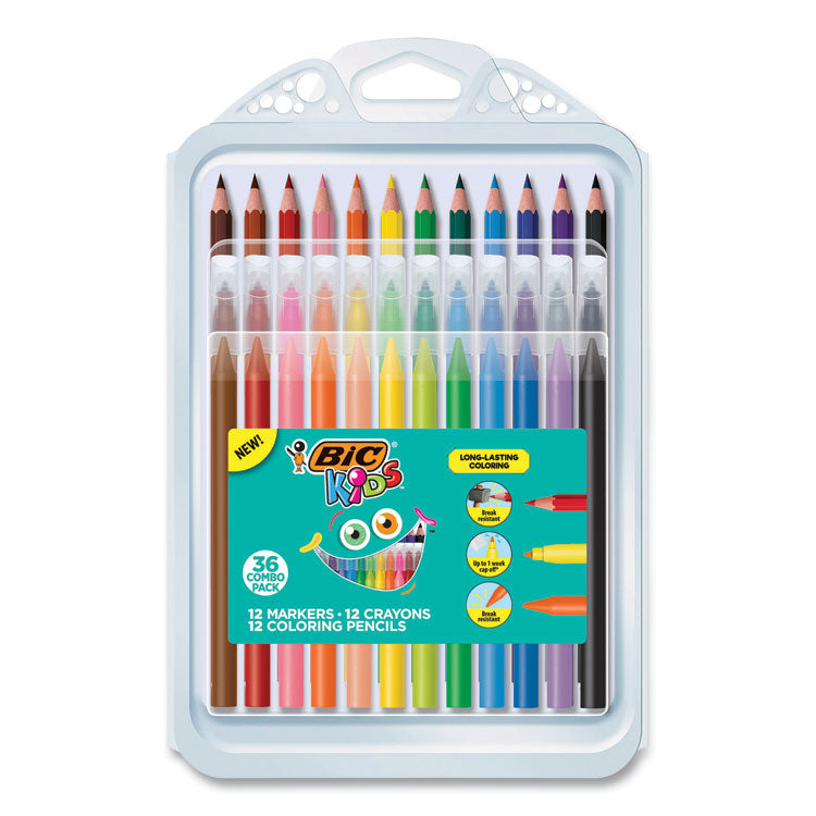 BIC - Kids Coloring Combo Pack in Durable Case, 12 Each: Colored Pencils, Crayons, Markers