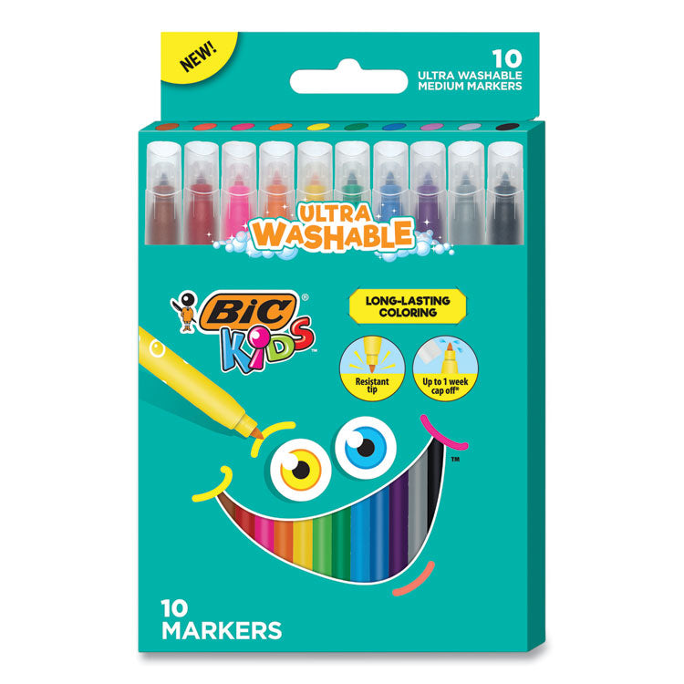 BIC - Kids Ultra Washable Markers, Medium Bullet Tip, Assorted Colors, 10/Pack