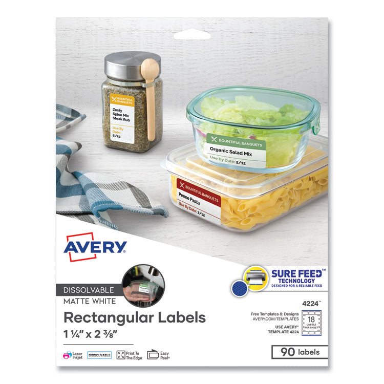 Avery - White Dissolvable Labels w/ Sure Feed, 1 1/4 x 2 3/8, White, 90/PK