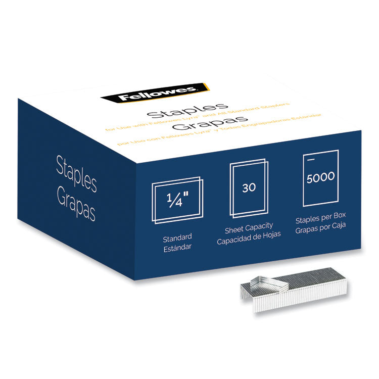 Fellowes - Standard 0.25" Full Strip Staples, 0.25" Leg, 0.5" Crown, Steel, 5,000/Pack