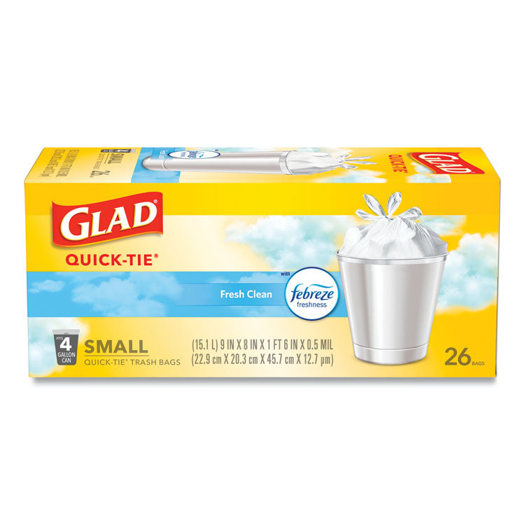 Glad - OdorShield Quick-Tie Small Trash Bags, 4 gal, 0.5 mil, 8" x 18", White, 156/Carton