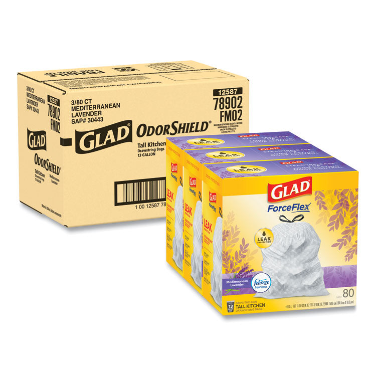 Glad - OdorShield Tall Kitchen Drawstring Bags, 13 gal, 0.95 mil, 24" x 27.38", White, 240/Carton (Lavendar)