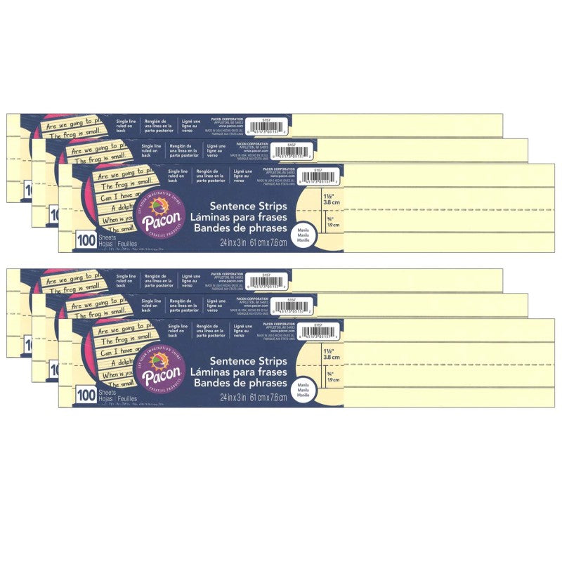 PACON - Sentence Strips, Manila, 3" x 24", 100 Strips Per Pack, 6 Packs