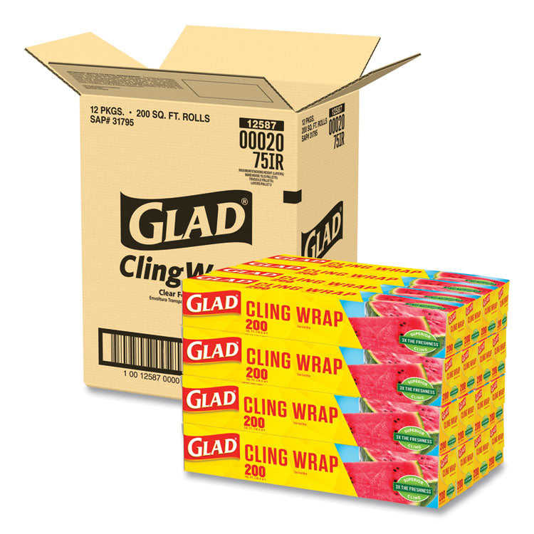 Glad - ClingWrap Plastic Wrap, 200 Square Foot Roll, Clear, 12 Rolls/Carton