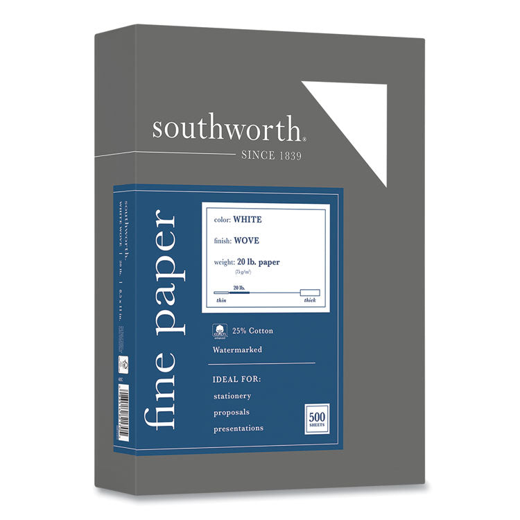 Southworth - 25% Cotton Business Paper, 95 Bright, 20 lb Bond Weight, 8.5 x 11, White, 500 Sheets/Ream (4966362)