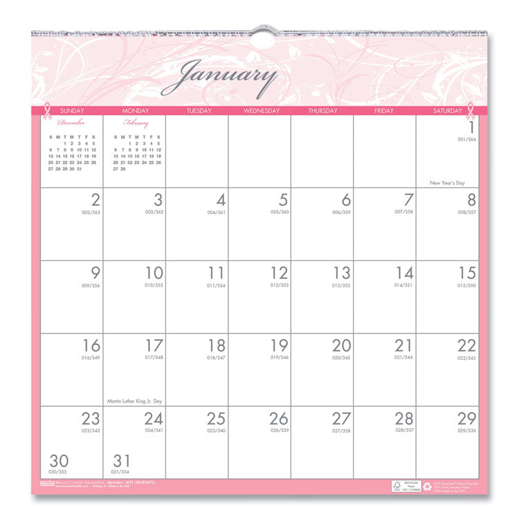 House of Doolittle - Recycled Monthly Wall Calendar, Breast Cancer Awareness Artwork, 12 x 12, White/Pink/Gray Sheets, 12-Month (Jan-Dec): 2024