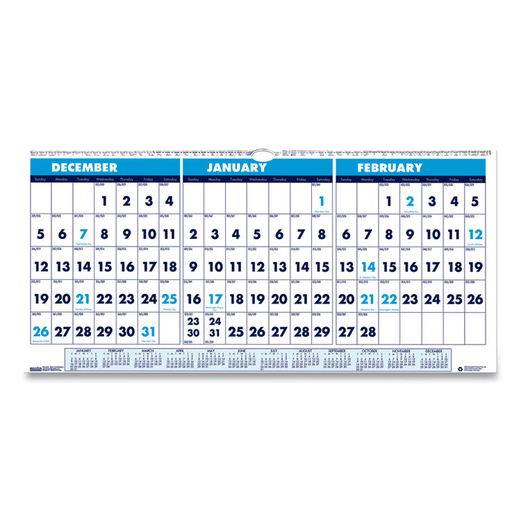 House of Doolittle - Recycled Three-Month Format Wall Calendar, Horizontal Orientation, 23.5 x 12, White Sheets, 14-Month (Dec-Jan): 2023-2025