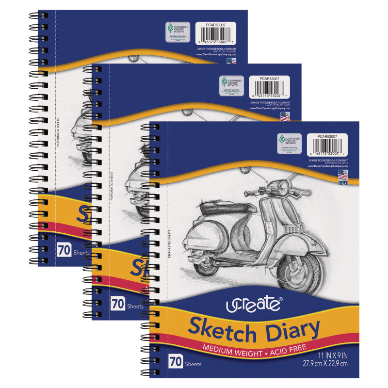 UCREATE - Sketch Diary, Medium Weight, 11" x 9", 70 Sheets, Pack of 3