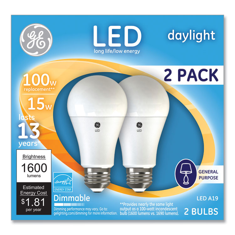 GE - 100W LED Bulbs, 15 W, A19, Daylight, 2/Pack