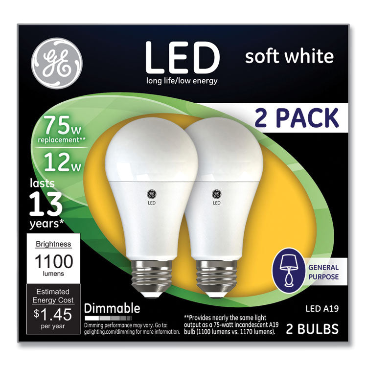 GE - 75W LED Bulbs, 12 W, A19 Bulb, Soft White, 2/Pack