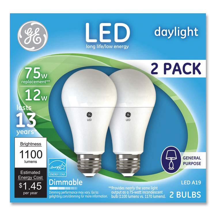 GE - 75W LED Bulbs, 12 W, A19 Bulb, Daylight, 2/Pack