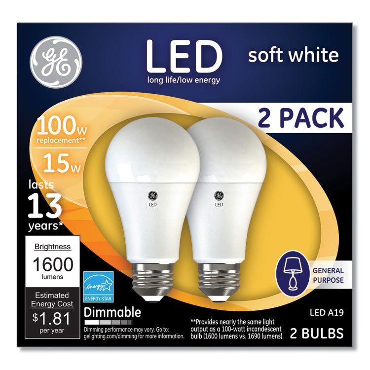 GE - 100W LED Bulbs, 15 W, A19, Soft White, 2/Pack