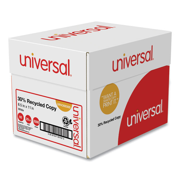 Universal - 30% Recycled Copy Paper, 92 Bright, 20 lb Bond Weight, 8.5 x 11, White, 500 Sheets/Ream, 5 Reams/Carton