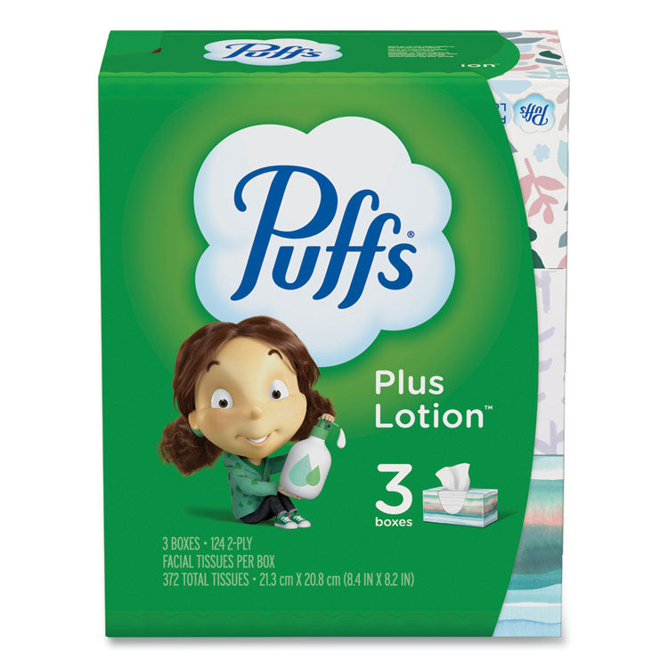 Puffs - Plus Lotion Facial Tissue, 2-Ply, White, 124/Box, 3 Box/Pack, 8 Packs/Carton