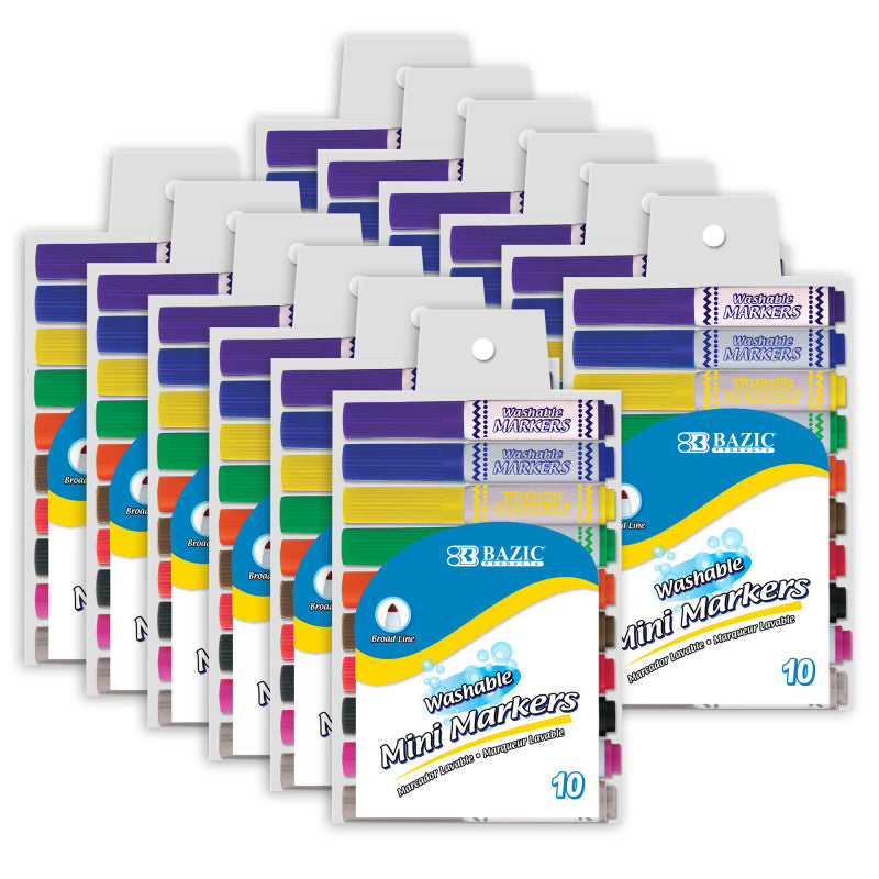 BAZIC PRODUCTS - Washable Markers, Mini Broad Line, 10 Per Pack, 12 Packs
