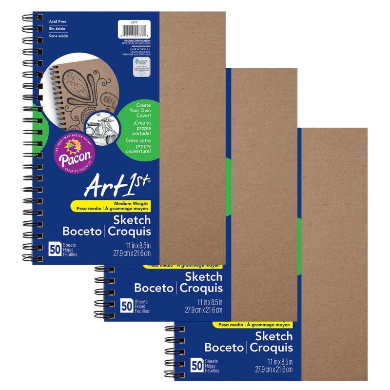 UCREATE - Create Your Own Cover Sketch Diary, Natural Chip Cover, 11" x 8-1/2", 50 Sheets, Pack of 3