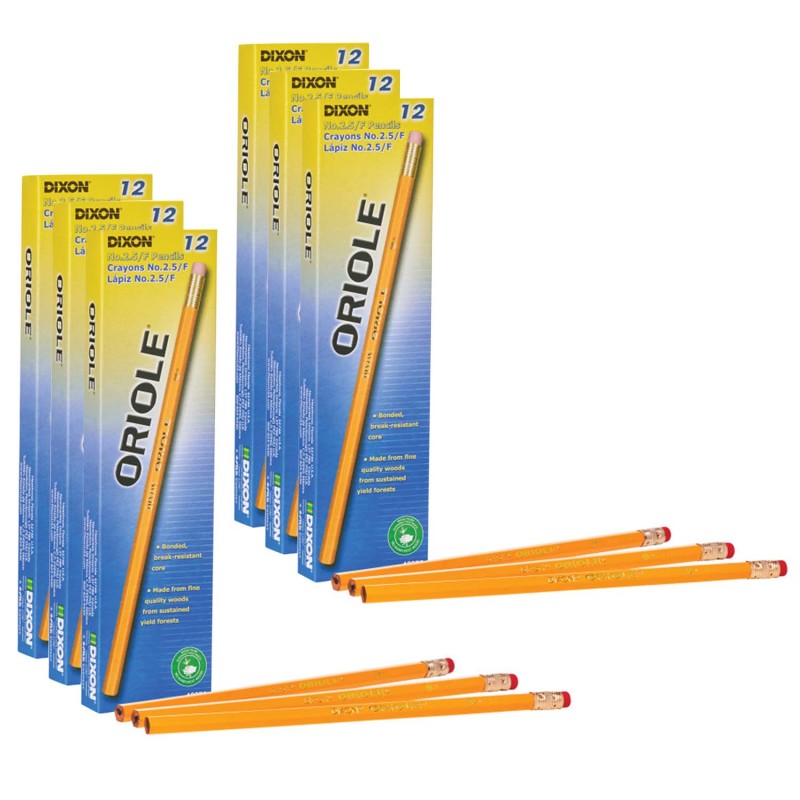 ORIOLE - Pencils, No. 2.5 Medium Yellow, Unsharpened, 12 Per Box, 6 Boxes