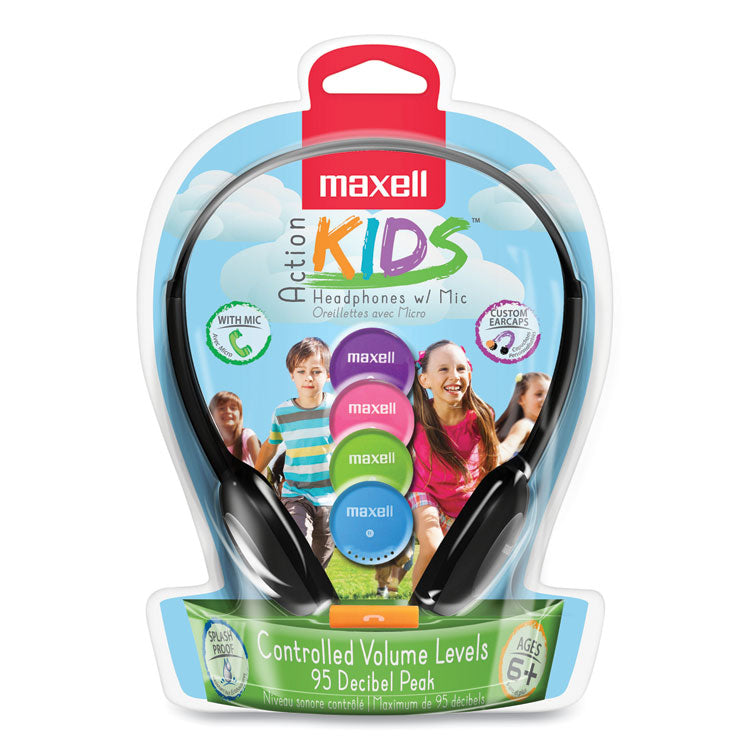 Maxell - Kids Safe Headphones with Inline Microphone, 4 ft Cord, Black with Interchangeable Pink/Blue/Silver Caps