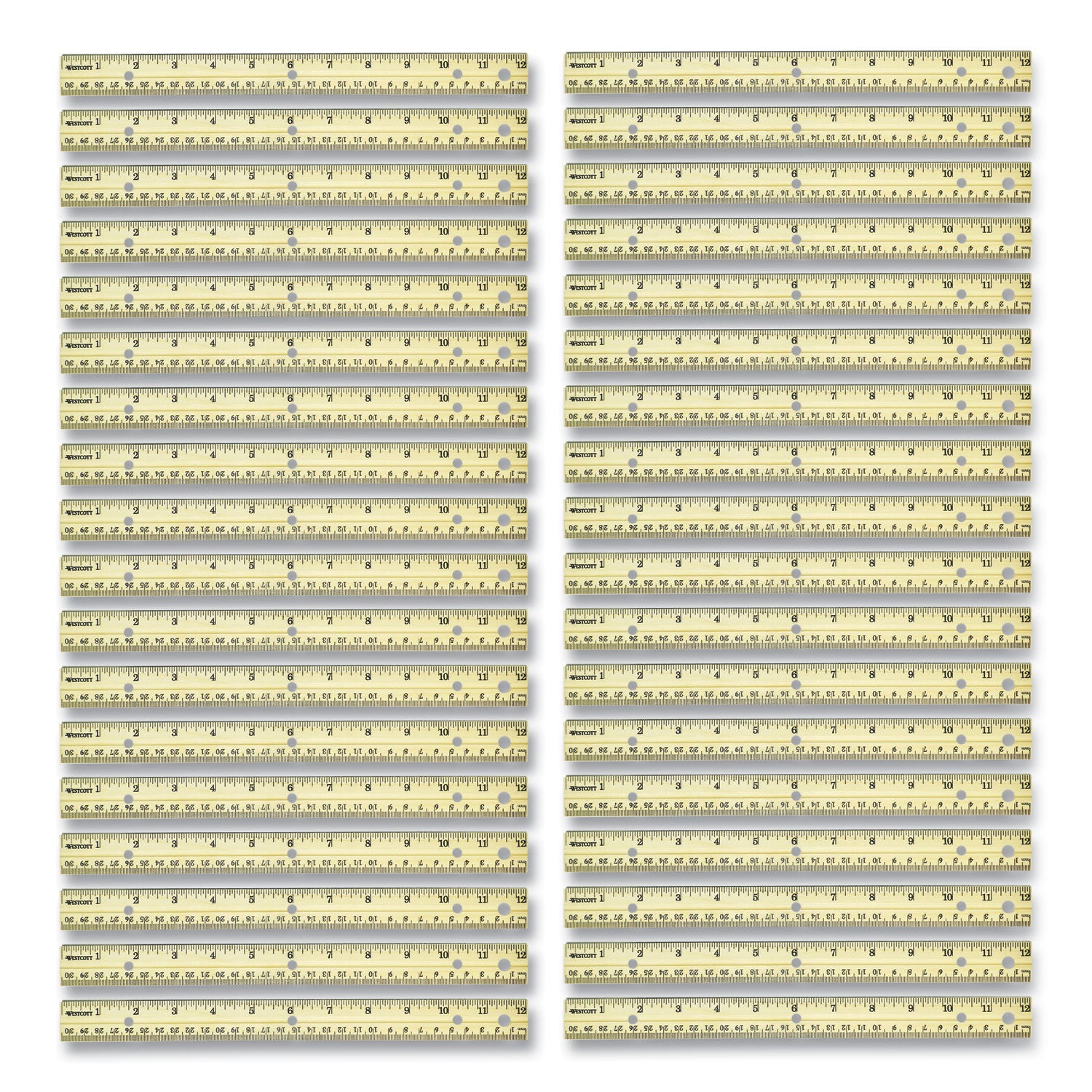 Three-Hole Punched Wood Ruler, Standard/metric, 12" (30 Cm) Long, Natural Wood, 36/box