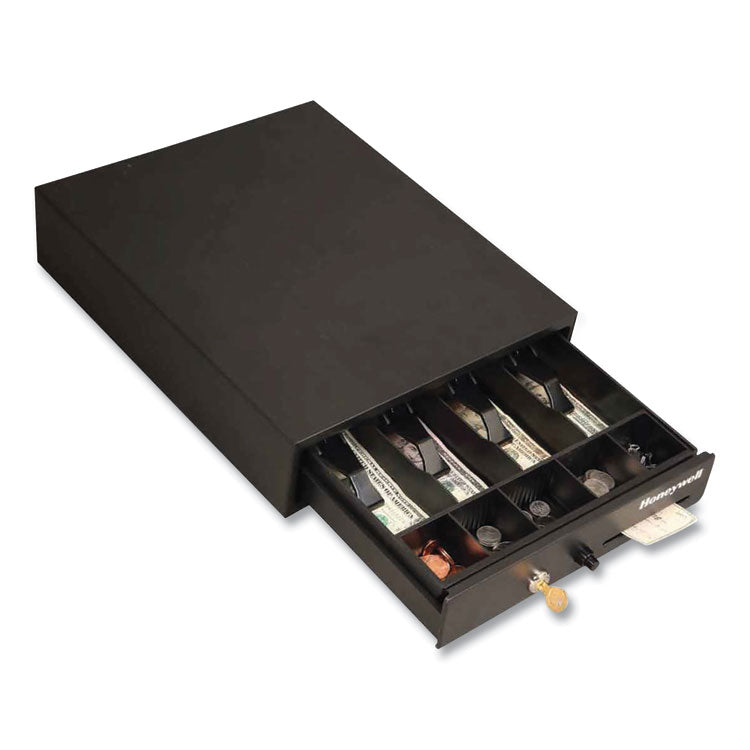 Honeywell - Space-Saving Steel Cash Drawer, 4 Bill, 5 Coin Slots, Key Lock, 17 x 13 x 4, Black