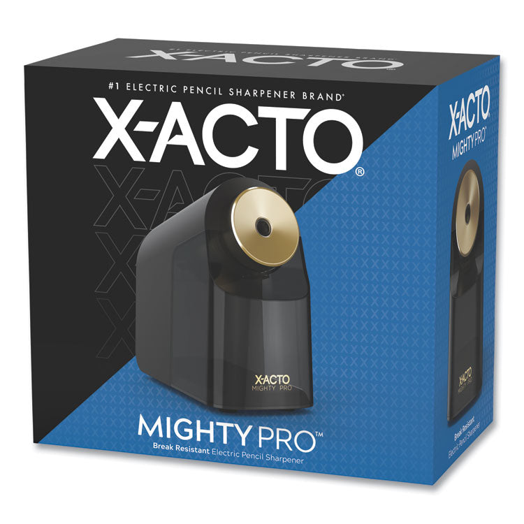 X-ACTO - Model 1606 Mighty Pro Electric Pencil Sharpener, AC-Powered, 4 x 8 x 7.5, Black/Gold/Smoke