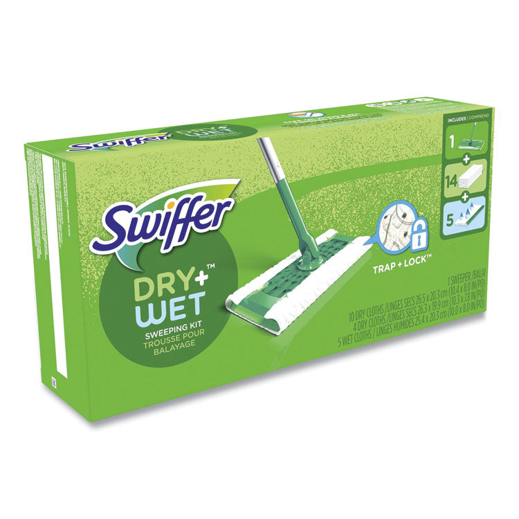 Swiffer - Sweeper Mop, 10 x 4.8 White Cloth Head, 46" Silver/Green Aluminum/Plastic Handle