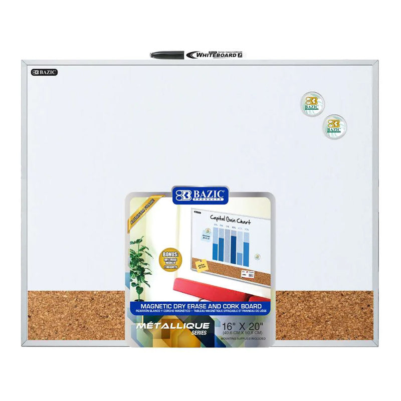 BAZIC PRODUCTS - Aluminum Framed Magnetic Dry Erase/Cork Combo Board, 16" x 20"