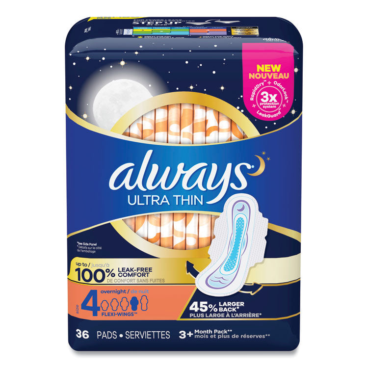 Always - Ultra Thin Overnight Pads with Wings, 36/Pack, 6 Packs/Carton